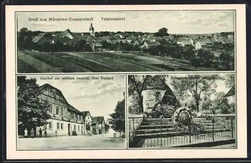 AK München-Cosserstedt, Totalansicht, Kriegerdenkmal, Gasthof zur schönen Aussicht
