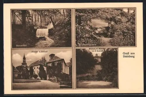 AK Steinburg / Saale, Kirche und Schloss, Felsenquelle, Wasserfall