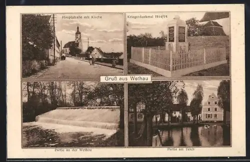 AK Wethau, Hauptstrasse mit Kirche, Kriegerdenkmal