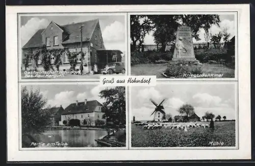 AK Hohndorf / Saale, Gastwirtschaft v. Paul Karguth, Teich, Windmühle, Kriegerdenkmal