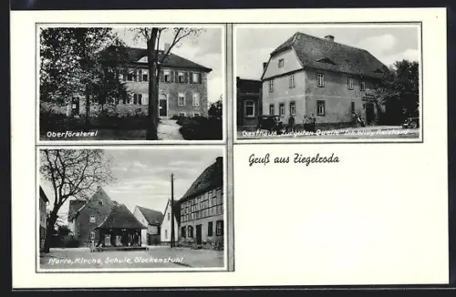 AK Ziegelroda, Gasthaus Zur guten Quelle, Pfarre mit Kirche, Schule & Glockenstuhl, Oberförsterei