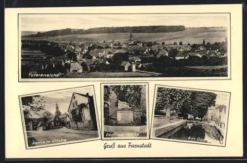 AK Farnstedt, Totalansicht, Partie mit Kirche, Denkmal 1914 /18, Am Dorfteich