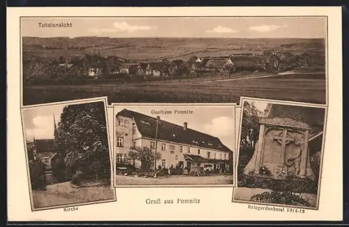 AK Pomnitz, Gasthaus Pomnitz, Kirche, Kriegerdenkmal 1914-18