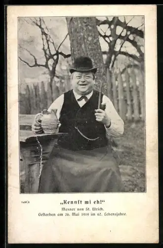 AK Mesner von St. Ulrich mit Hut und Pfeife