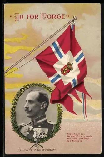 AK König Haakon VII von Norwegen, Passepartout mit Fahne