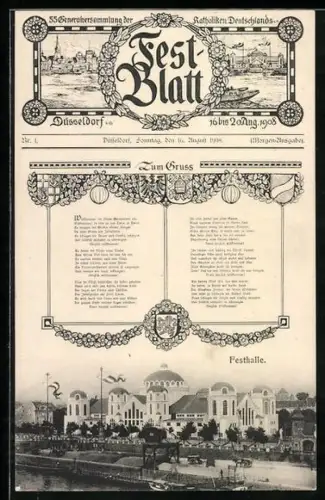 AK Düsseldorf, 55. Generalversammlung der Katholiken Deutschlands 1908, Festhalle