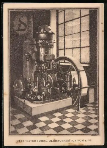 Künstler-AK Ortsfester Rohöl-Glühkopfmotor von 30 PS, Reklame