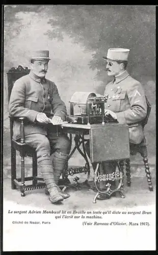 AK Sergent Adrien Momboeuf lit en Braille un texte qu`il dicte au sergent Brun, La Familie du Rameau d`Olivier No. 22