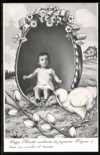 AK Suzy-Olivette in einem Osterei sitzend, La Familie du Rameau d`Olivier Carte No. 63