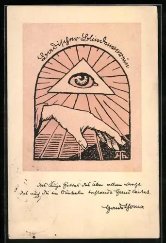 Künstler-AK Badischer Blindenverein Freiburg i. B., Auge im Dreieck mit Hand