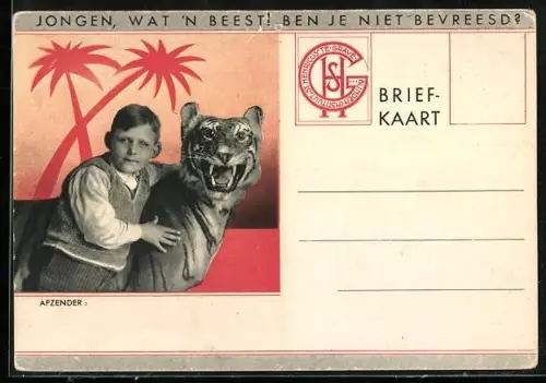 AK Blinder Junge mit augestopften Tiger, Blindeninstitut St. Henricus