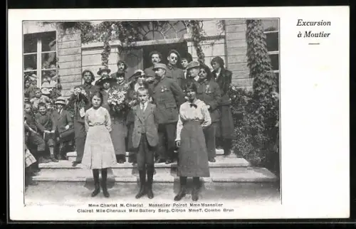 AK Moutier, Excursion, Mme Charlat et M. Charlat, Masselier Poirot, Mme Masselier, Clairet Mile Chenaux