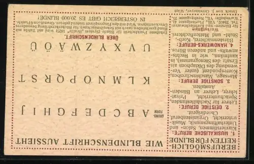 AK I. Österreichischer Blindenverein, Erklärung der Blindenschrift, Berufe für Blinde