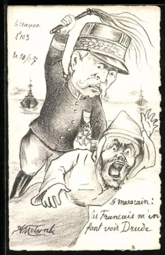 Künstler-AK sign. Molynk: Joseph Joffre peitscht einen Marokkaner aus