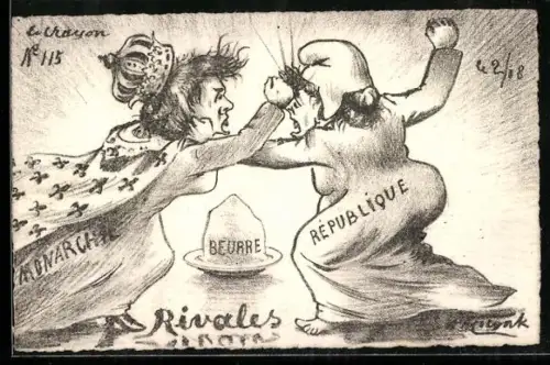 Künstler-AK sign. A. Molynk: Monarchie und Republik prügeln sich
