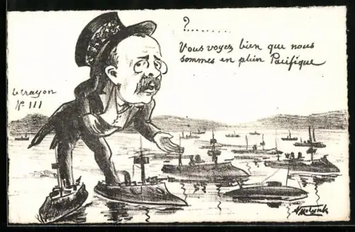 Künstler-AK sign. Molynk, Schlachtschiffe, Kreuzer und Unterseeboote der französischen Flotte