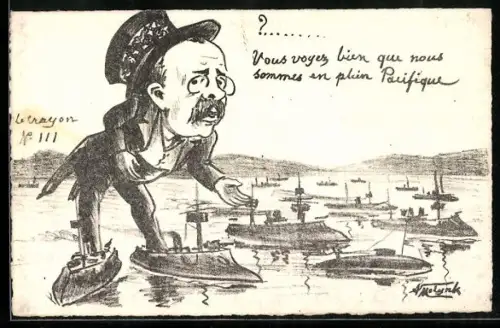 Künstler-AK sign. A. Molynk: Mann mit kleinen Kriegsschiffen