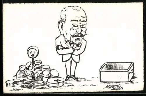 Künstler-AK sign. A. Molynk: Mann mit Töpfen und leerer Kiste