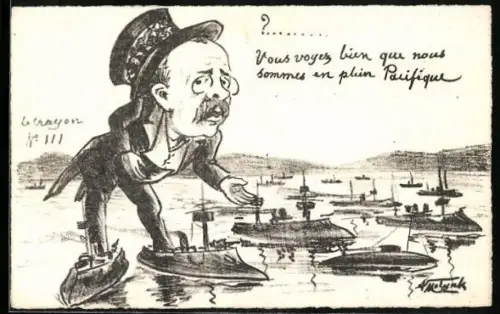 Künstler-AK sign. Molynk, Schlachtschiffe, Kreuzer und Unterseeboote der französischen Flotte