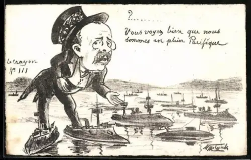 Künstler-AK sign. Molynk, Schlachtschiffe, Kreuzer und Unterseeboote der französischen Flotte