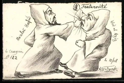 Künstler-AK sign. A. Molynk: Männer in Gewändern prügeln sich