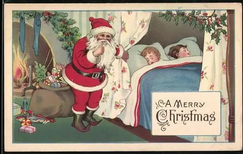 Künstler-AK Weihnachtsmann beschenkt zwei schlafende Kinder, A Merry Christmas