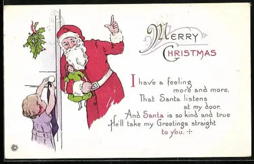 Künstler-AK Weihnachtsmann an der Tür eines Kindes, Merry Christmas