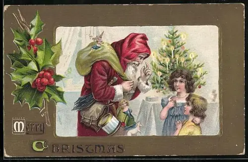 AK Weihnachtsmann spricht mit den Kindern vor dem Weihnachtsbaum, Geschenkesack