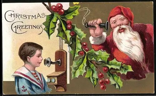 Präge-AK Junge telefoniert mit dem Weihnachtsmann
