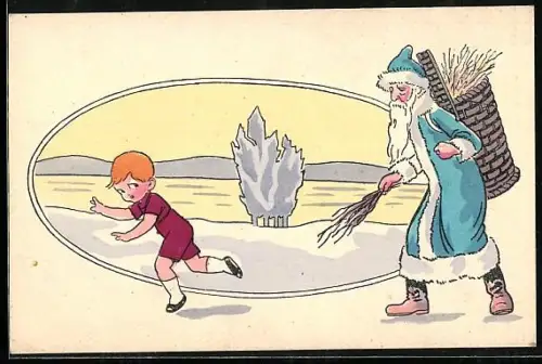 AK Weihnachtsmann mit Rute jagt Kind durch den Schnee