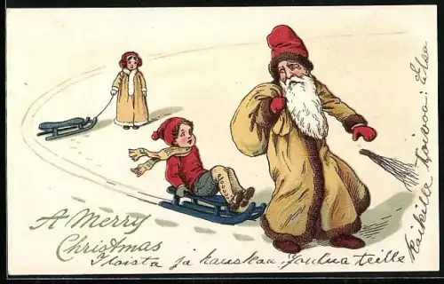 AK Weihnachtsmann mit Geschenkesack und Kind auf Schlitten, Weihnachtsgruss