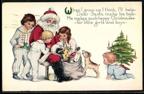 Künstler-AK Kinder stehen um den Weihnachtsmann versammelt und bekommen ihre Geschenke