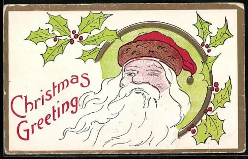 Künstler-AK Weihnachtsmann in einem Rahmen mit Stechpalmenblättern