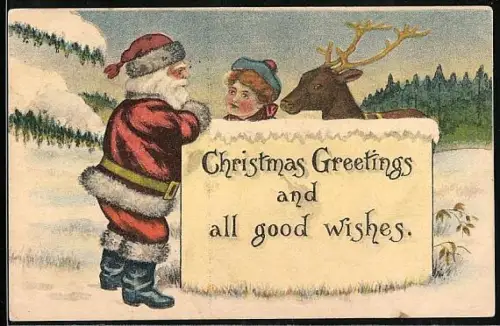 Künstler-AK Weihnachtsmann mit einem Kind und Rentier im Schnee