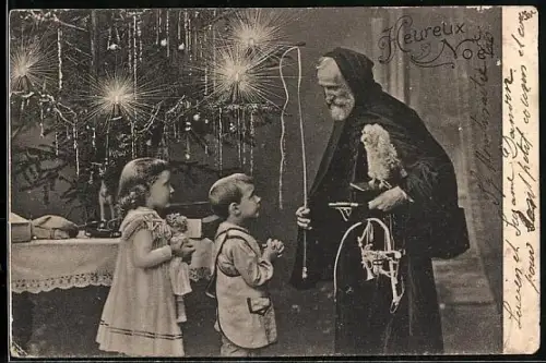 AK Weihnachtsmann bei zwei Kindern, Weihnachtsbaum
