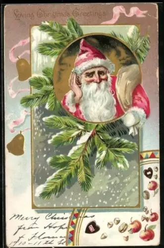 AK Weihnachtsmann, Tannenzweig, Glocken