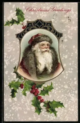 Künstler-AK Porträt des Weihnachtsmanns mit Stechpalmen