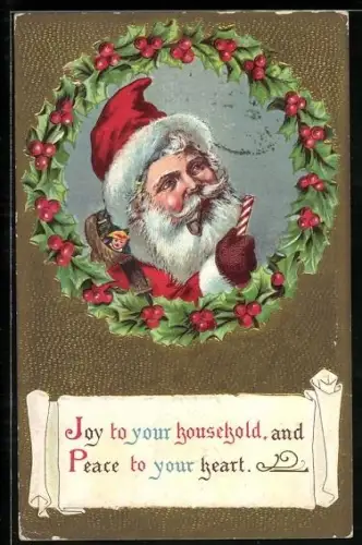 AK Weihnachtsmann raucht Pfeife, Geschenke in seinem Sack