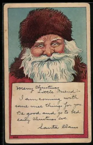 Künstler-AK Weihnachtsmann mit brauner Fellmütze