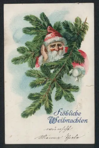 Künstler-AK Weihnachtsmann mit einem grossen Tannenzweig, Fröhliche Weihnachten