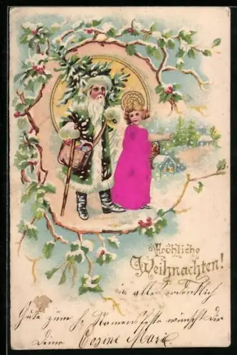 AK Weihnachtsmann und Weihnachtsengel in der winterlichen Ortschaft unterwegs