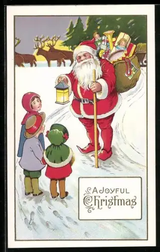 AK Weihnachtsmann beschenkt artige Kinder mit Spielzeug