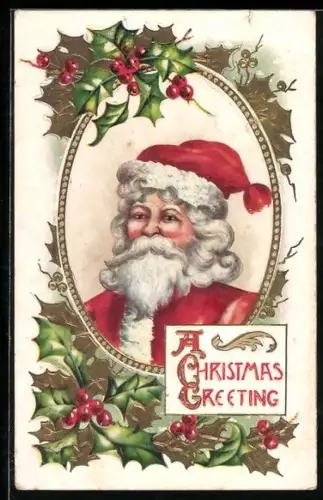 AK Weihnachtsmann und Stechpalme