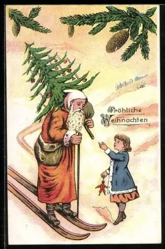 Künstler-AK Weihnachtsmann auf Skiern mit kleinem Mädchen