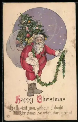 Künstler-AK Weihnachtsmann mit schwerem Sack auf dem Rücken trägt ein Baby im Arm