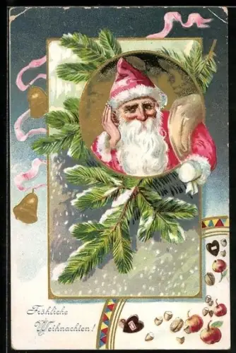 AK Weihnachtsmann, Tannenzweig, Glocken