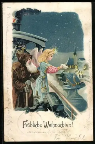 Künstler-AK Weihnachtsmann und Engel blicken über eine Stadt