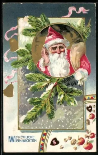 AK Weihnachtsmann, Tannenzweig, Glocken