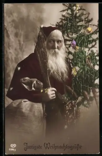AK Weihnachtsmann mit Weihnachtsbaum, Rute und Sack
