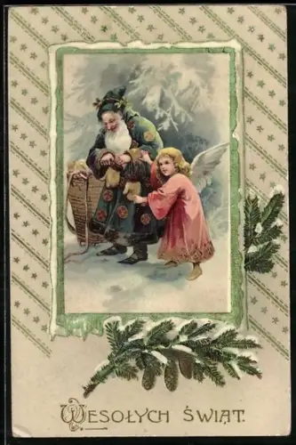 Lithographie Fröhliche Weihnachten, Engel und Weihnachtsmann